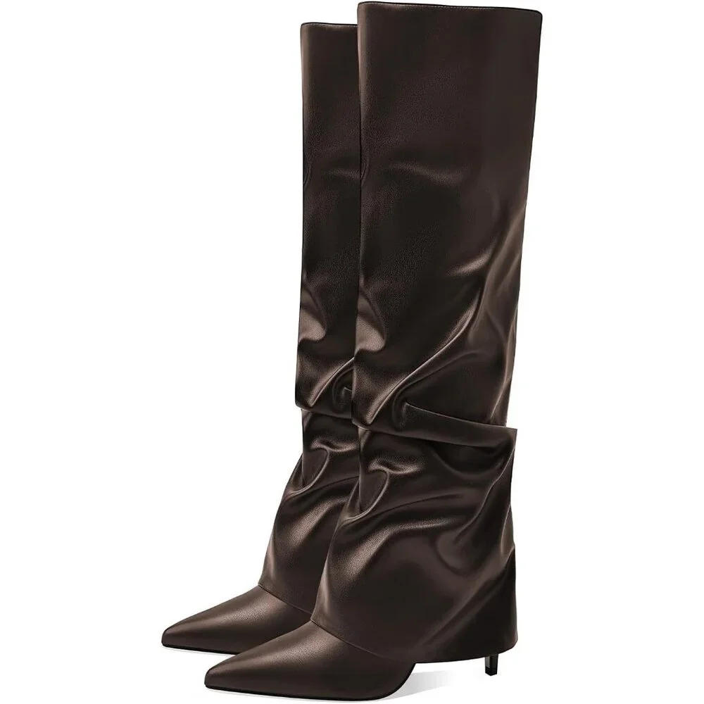 Women's Brown-Pu Knee High Fold Over Wide Calf Pointed Toe Long Heel Boot